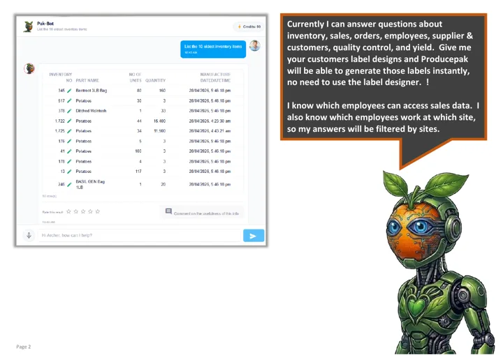 Page 2 of the Pak-Bot PDF guide: Pak-Bot lists the subjects it answers questions about and explains that answers are filtered by employee role and site