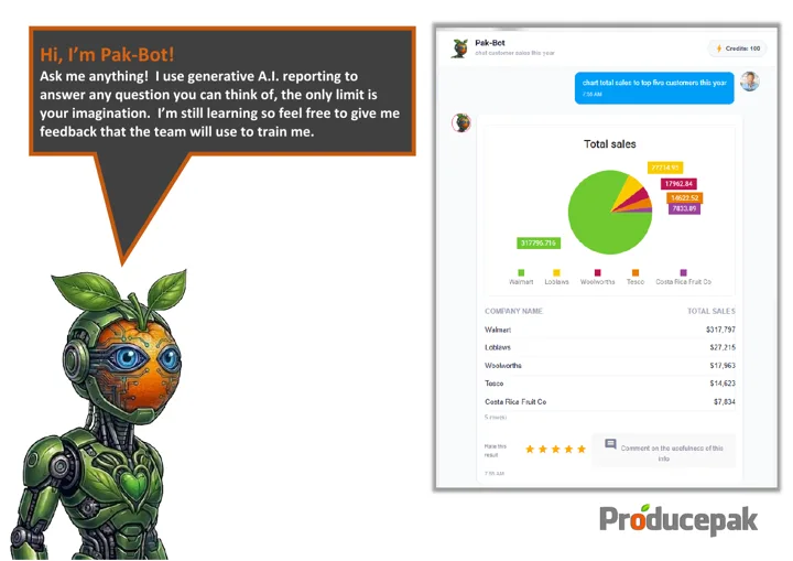 Page 1 of the Pak-Bot PDF guide: the Pak-Bot robot saying Hi, I'm Pak-Bot, ask me anything, beside a chart of total sales to the top five customers