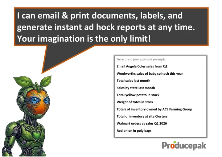 Page 3 of the Pak-Bot PDF guide: Pak-Bot saying it can email and print documents, labels and ad hoc reports, with ten example prompts