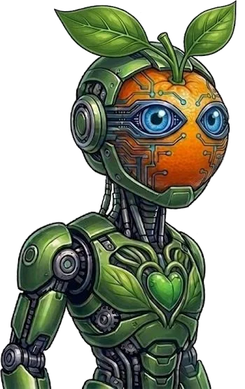Pak-Bot fresh produce AI chatbot mascot, a green robot with leaf sprouts and an orange fruit head